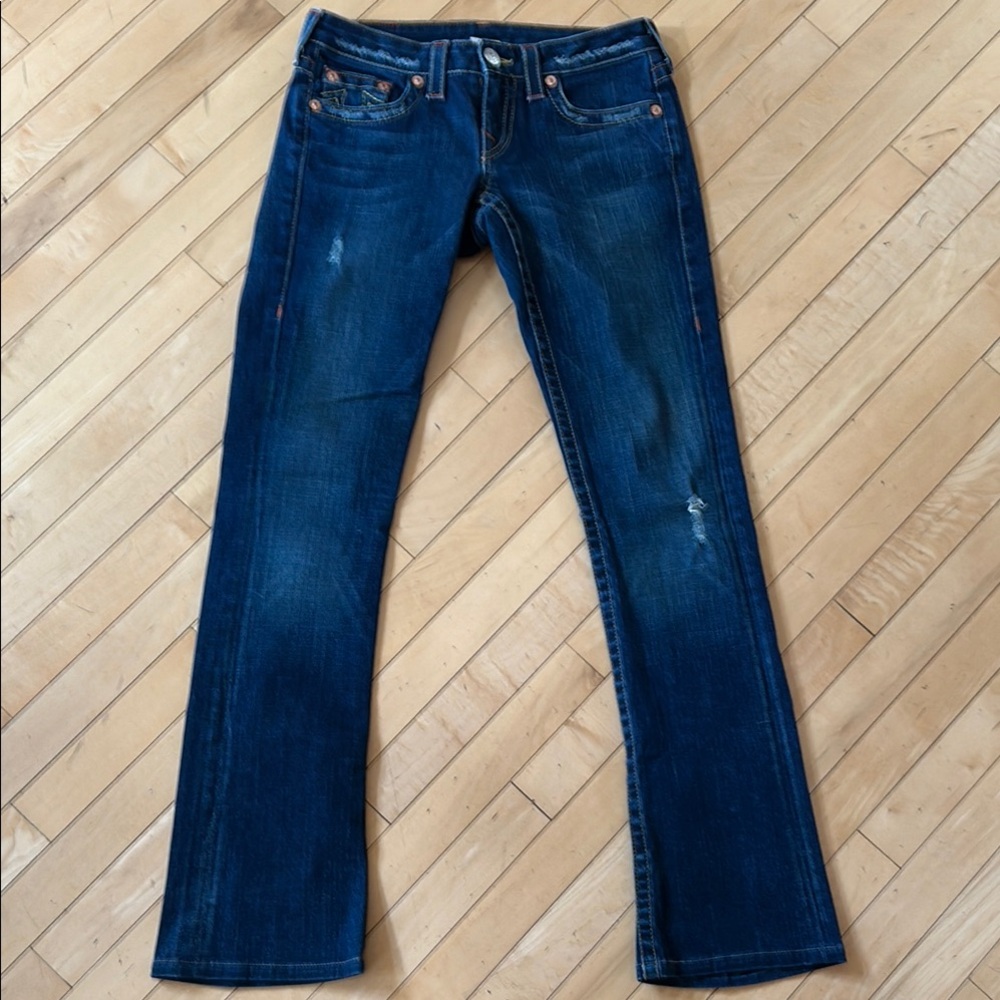 True Religion Gina Dark Denim Jeans Distressed Size 27 - Professionally Hemmed